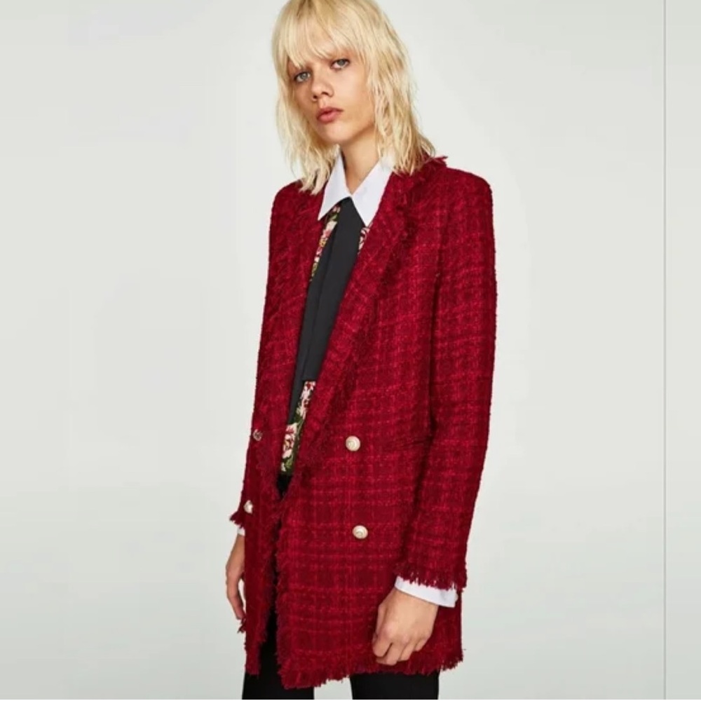 Zara: Cherry Red Tweed Boucle Jacket